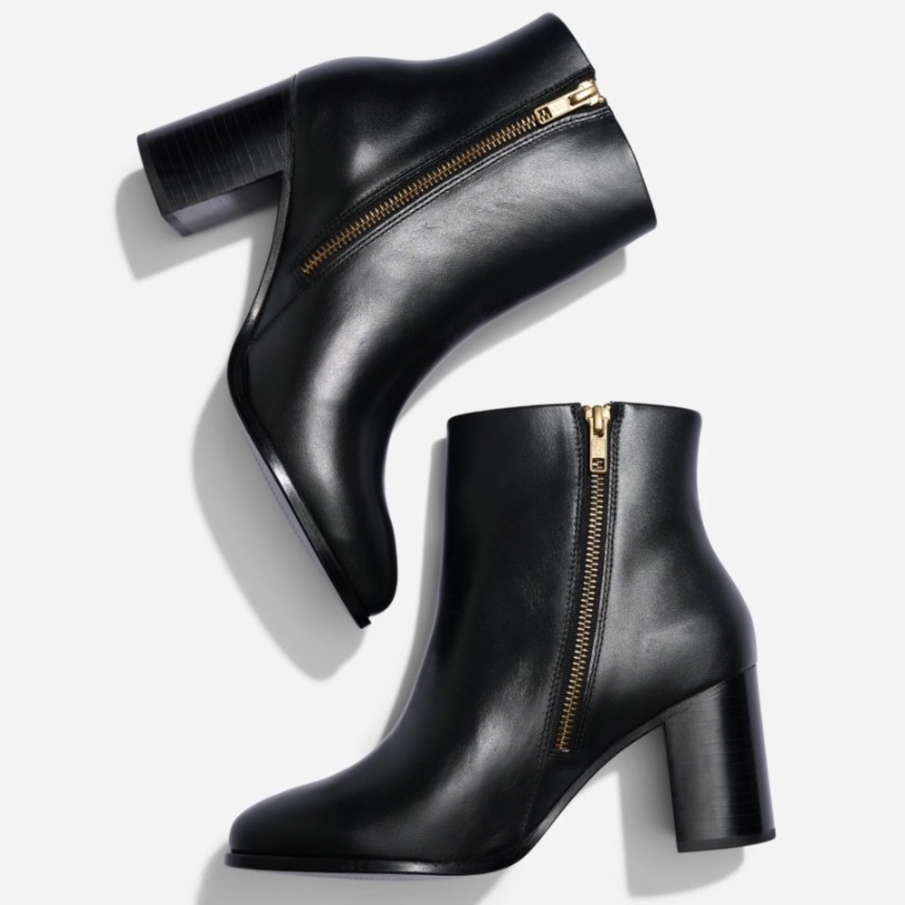 Michael Kors Black Leather Ankle Boots Gold Zip Block Heeled Women's Size 8M